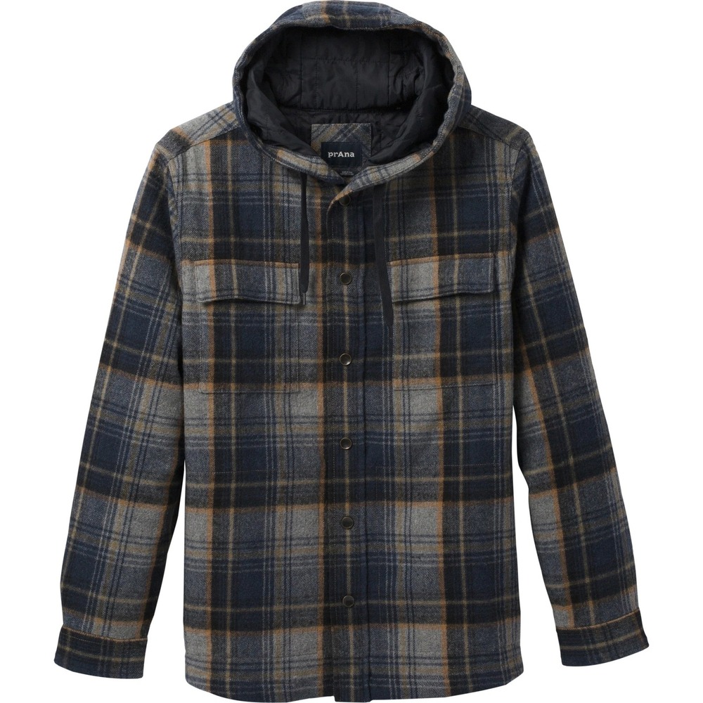 prAna Hooded Flannel Shirt Jacket Shacket Blue Brown Plaid XL Wool Cabin Outdoor